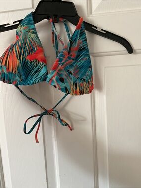Tropical Print String Bikini Top in Teal and Coral